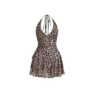 Leopard Print Halter Dress Backless Ruffle Hem Mini Party Club